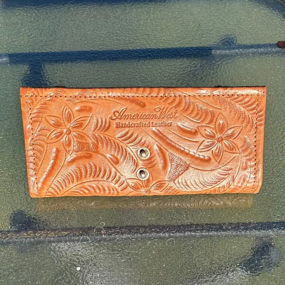 American West Handcrafted Leather Tooled Floral Concho Trifold Wallet Tan